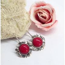 Ezüst fülbevaló korall kővel,virág