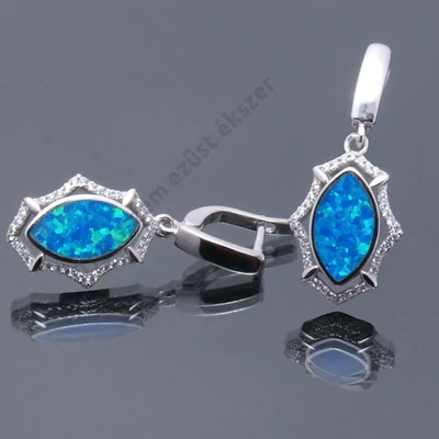 Ezüst fülbevaló  kék opállal és cirkóniával ,csüngős ródiumos