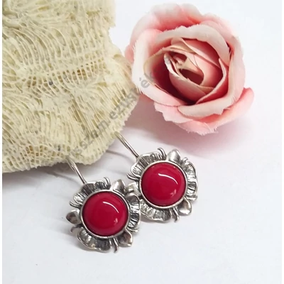 Ezüst fülbevaló korall kővel,virág
