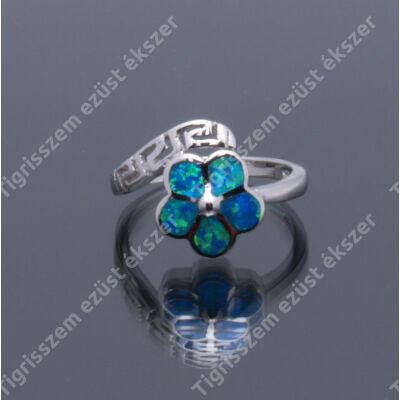 Ezüst  női gyűrű kék opállal , virág és görög 58-as