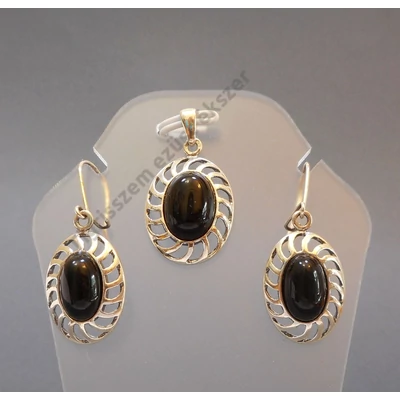 Ezüst fülbevaló+medál szett onix kővel