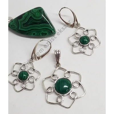 Ezüst fülbevaló+medál szett malachittal