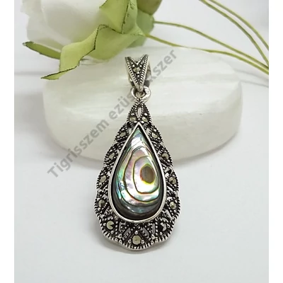 Ezüst pávakagylós+markazit köves medál,csepp